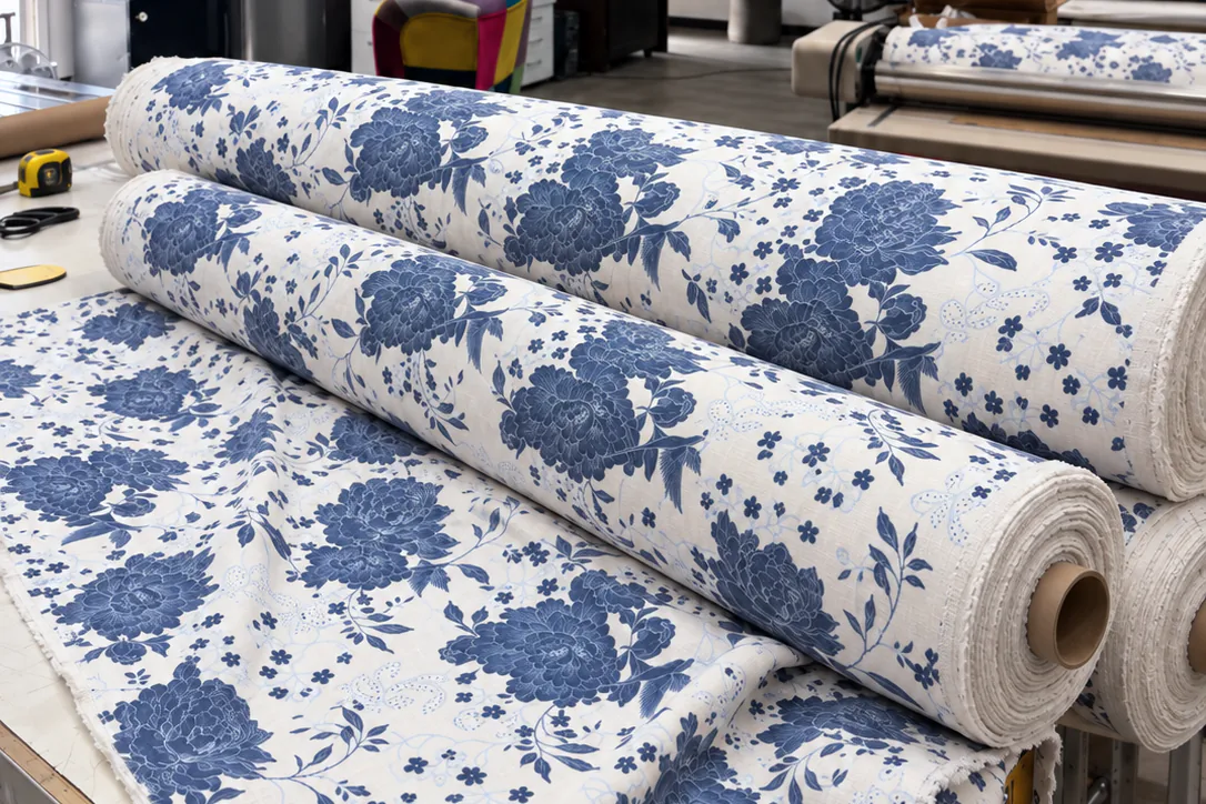 Contrôle d'un motif textile imprimé sur rouleaux dans notre atelier du Bourget