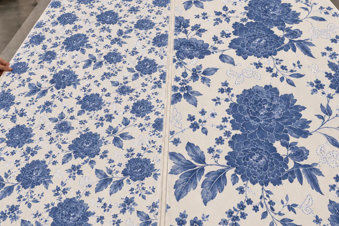 Comparaison de deux échelles d'un même motif floral imprimé sur textile