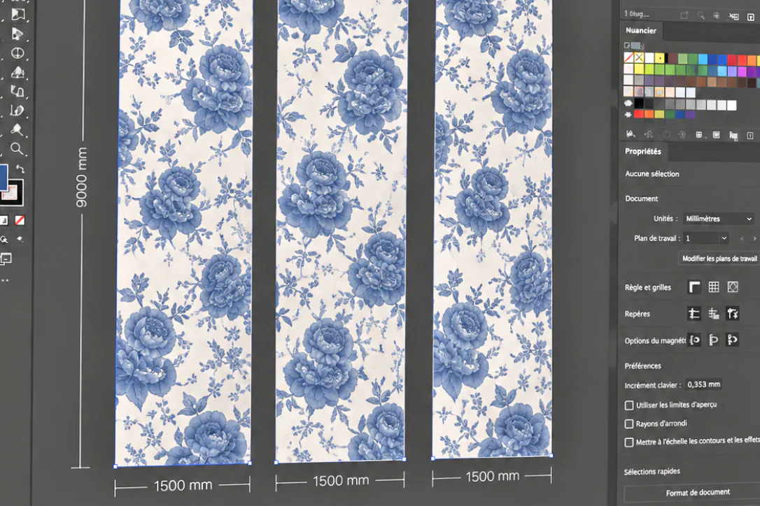 Vérification du raccord d'un motif textile répété sur trois lés avant impression